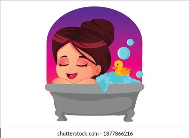 Vector cartoon illustration. Cute girl is taking bath in the bathtub. Isolated on white background.