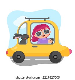 Vector cartoon illustration of a cute girl riding a yellow car along with a gray rabbit.
