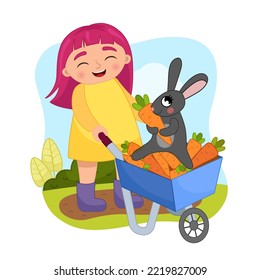 Vector cartoon illustration of a cute girl driving a wheelbarrow with carrots. A gray rabbit sits on a wheelbarrow and holds a carrot in its paws.
