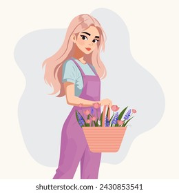 Vector cartoon illustration of a cute cartoon girl with a basket of fresh spring flowers.