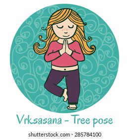 Vector cartoon illustration of a cute girl doing yoga on green background. Vrksasana or Tree pose.