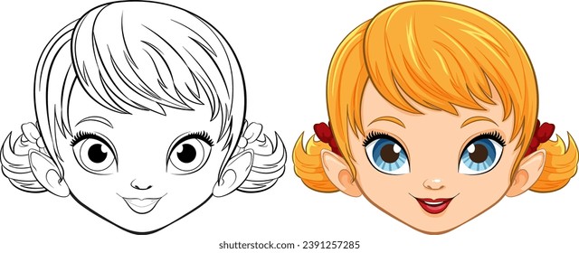 A vector cartoon illustration of a cute girl's head with an outline, perfect for coloring