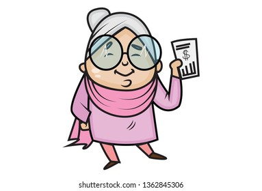 Vector cartoon illustration of cute grandmother holding phone. Isolated on white background.