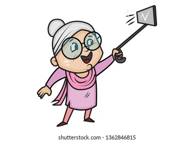 Vector cartoon illustration of cute grandmother clicking  selfie with selfie-stick. Isolated on white background.