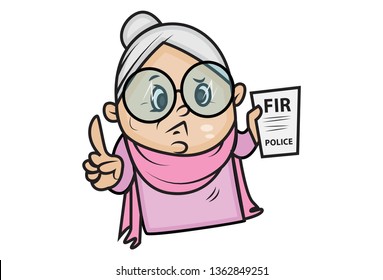 Vector cartoon illustration of cute grandmother showing FIR complaint . Isolated on white background.