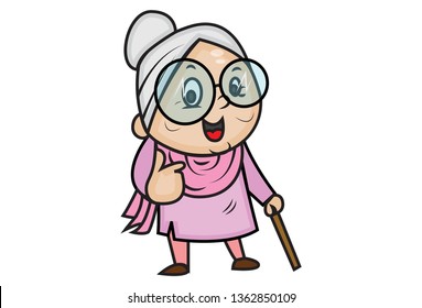 Vector cartoon illustration of cute grandmother showing thumbs up. Isolated on white background.