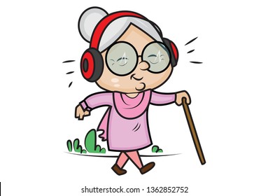 Vector cartoon illustration.  Cute grandmother is listening song with headphones. Isolated on white background.