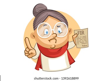 Vector cartoon illustration of cute grandmother showing FIR complaint paper. Isolated on white background.