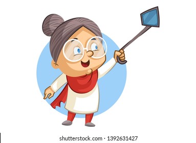 Vector cartoon illustration of cute grandmother clicking  selfie with selfie-stick. Isolated on white background.
