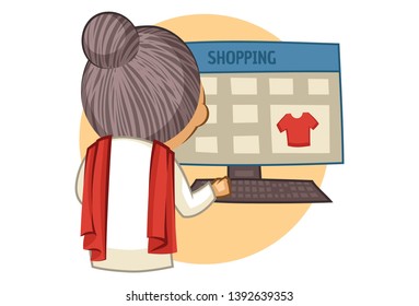 Vector cartoon illustration of cute grandmother shopping on computer. Isolated on white background.