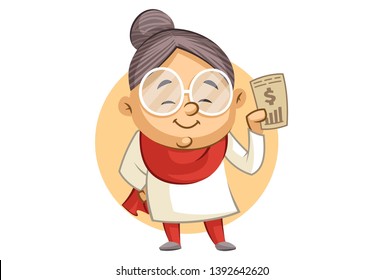 Vector cartoon illustration of cute grandmother showing dollar sign in phone. Isolated on white background.