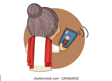 Vector cartoon illustration of cute grandmother is talking on video calling. Isolated on white background.