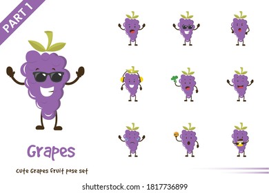 Vector cartoon illustration of cute grapes fruit poses set. Isolated on white background.