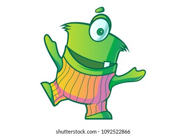 Vector Cartoon Illustration of Cute Green Monster Standing On One Leg. Isolated On White Background.