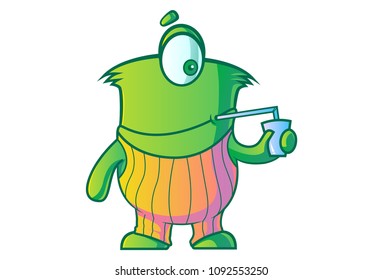 Vector Cartoon Illustration of Cute Green Single Eye Monster. Drink Juice. Isolated On White Background.