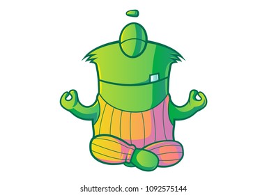 Vector Cartoon Illustration of Cute Green Single Eye Monster In Yoga Pose. Isolated On White Background.