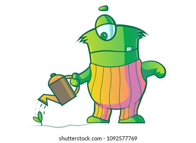 Vector Cartoon Illustration of Cute Green  Monster. Giving Water To Plant. Isolated On White Background.