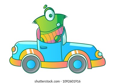 Vector Cartoon Illustration of Cute Green Single Eye Monster In Car. Isolated On White Background.