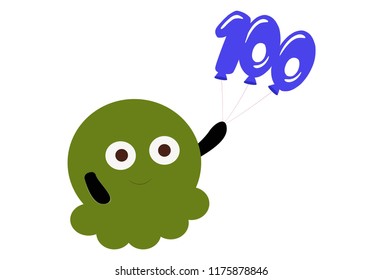 Vector cartoon illustration of cute green smiley face with balloons in hand. Isolated on white background. 