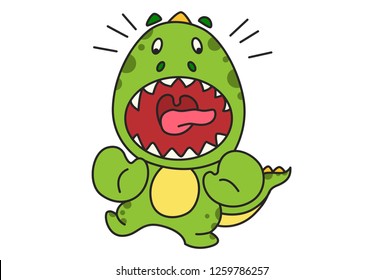 Vector cartoon illustration of cute green dinosaur angry face. Isolated on white background. 