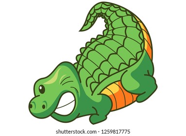 Vector cartoon illustration of cute green crocodile. Isolated on white background.