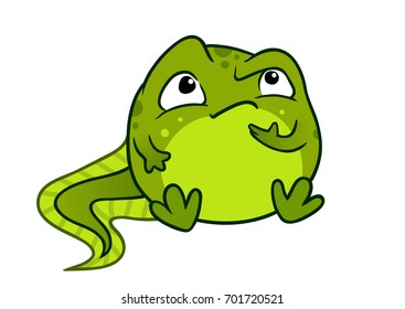 Vector cartoon illustration of cute green baby tadpole frog character, sitting and looking thoughtful with hand on chin, isolated on white background.