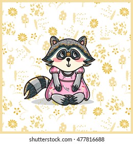 Vector cartoon illustration. Cute greeting card with tribal fashion raccoon girl on forest background, flowers, grass, mushrooms elements. Hand drawn cartoon animal, Kawaii mori-girl style