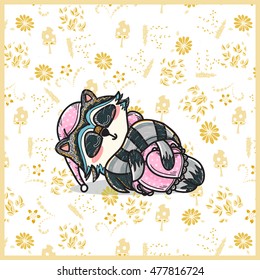 Vector cartoon illustration. Cute greeting card with tribal fashion raccoon girl on forest background, flowers, grass, mushrooms elements. Hand drawn cartoon animal, Kawaii mori-girl style