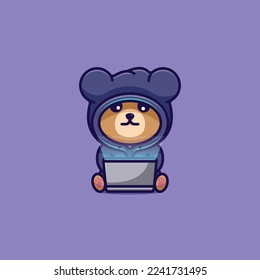 ilustración de caricatura vectorial lindo hacker bear usar un icono de laptop naturaleza animal