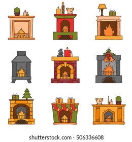 Vector cartoon illustration with cute hand drawn set of fireplaces. Different types of fireplace: classic, retro, brick, wooden, metallic. House interior icons. Christmas concept. Warm cozy fireplace
