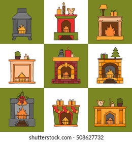 Vector cartoon illustration with cute hand drawn set of fireplaces. Different types of fireplace: classic, retro, brick, wooden, metallic. House interior icons. Christmas concept. Warm cozy fireplace
