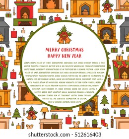 Vector cartoon illustration with cute hand drawn fireplaces background. Different types of fireplace: classic, retro, brick, wooden, metallic. House interior. Christmas concept. Warm cozy fireplace