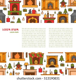 Vector cartoon illustration with cute hand drawn fireplaces background. Different types of fireplace: classic, retro, brick, wooden, metallic. House interior. Christmas concept. Warm cozy fireplace