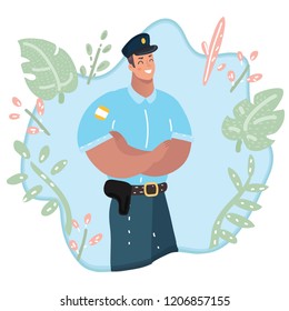 Vector cartoon illustration of cute handsome policeman character, floral decoration.