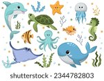 Vector cartoon illustration of cute happy sea animals for design element on white background. Dolphin, whale, octopus, jellyfish, stingray, starfish, seahorse, turtle, algae, water bulbs, puffer fish.