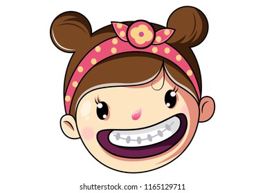 Vector cartoon illustration of cute happy girl face . Isolated on white background. 