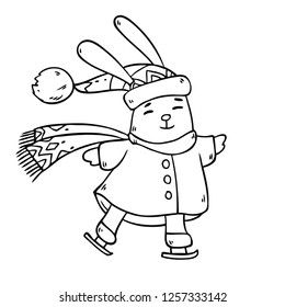 Vector cartoon illustration with cute happy rabbit in hat and scarf ice skating on white background