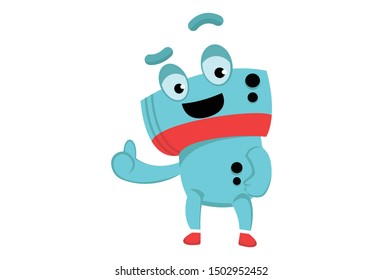 Vector cartoon illustration of cute happy robot giving thumbs up sign. Isolated on White background.