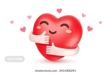 Vector cartoon illustration of cute happy heart character with smile and hand hug self on white background. 3d style design of self care and love yourself. Embrace heart symbol for world day holiday