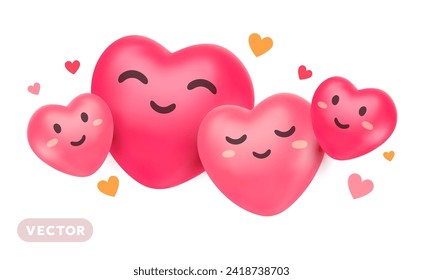 Vector cartoon illustration of cute happy hugging heart character with eye and smile on white background. 3d style design of family love. Embrace heart set symbol for world day holiday web, banner