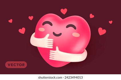 Vector cartoon illustration of cute happy heart character with smile and hand hug self on dark background. 3d style design of self care and love yourself. Embrace heart symbol for world day holiday