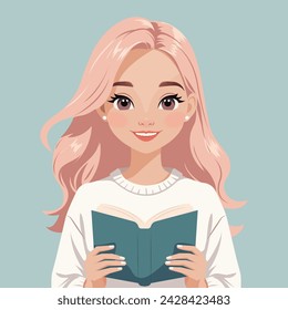 Vector cartoon illustration of a cute happy girl with pink hair holding an open book.