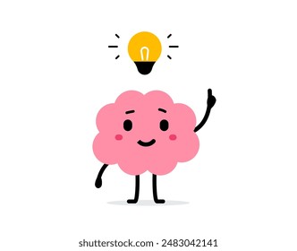 Vector cartoon illustration of cute happy brain character with yellow light bulb on white color background. Flat doodle style design of smile brain think creative idea for web, site, banner, poster