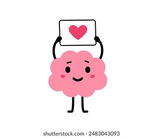 Vector cartoon illustration of cute happy brain character with heart in hand on white color background. Flat doodle style design of smile brain in search of love for web, site, banner, poster, card