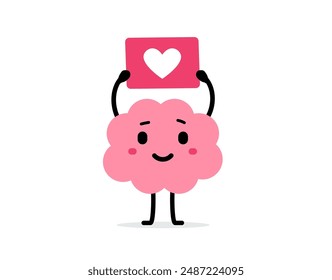 Ilustración de la historieta del Vector del personaje feliz lindo del cerebro sostiene el tablero con el corazón en la mano en el fondo blanco del color. Diseño de estilo de garabato plano de cerebro de sonrisa en busca de amor por el Web, sitio, Anuncio