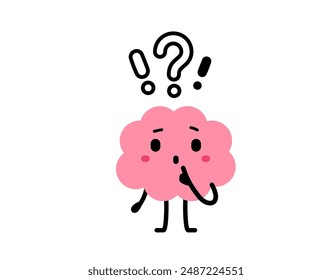 Vector cartoon illustration of cute happy brain character with question mark on white color background. Flat doodle style design of doubt brain think for web, site, banner, poster, card