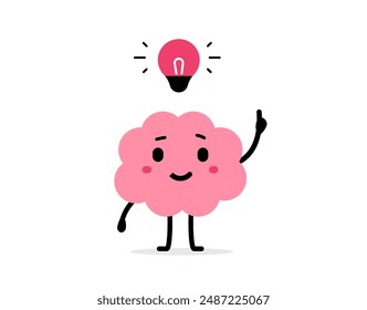 Vector cartoon illustration of cute happy brain character with light bulb and hand point up on white color background. Flat doodle style design of smile brain think creative idea for web, site, banner