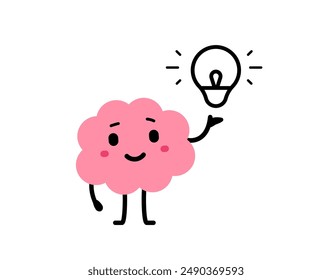 Ilustración de dibujos animados de Vector lindo personaje feliz del cerebro con la bombilla en la mano en el fondo de color blanco. Diseño de estilo de línea de garabatos planos de sonrisa cerebral pensar idea creativa para Web, sitio, Anuncio