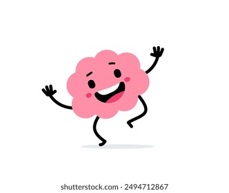 Vector cartoon illustration of cute happy brain character with open mouth and wave hand on white color background. Flat doodle style design of smile brain walk for web, site, banner, poster, card