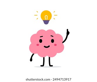 Vector cartoon illustration of cute happy brain think creative idea on white color background. Flat doodle style design of smile brain character with yellow light bulb for web, site, banner, poster